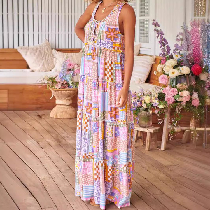 Dame Maxikjole med farverigt patchwork-design Stilla