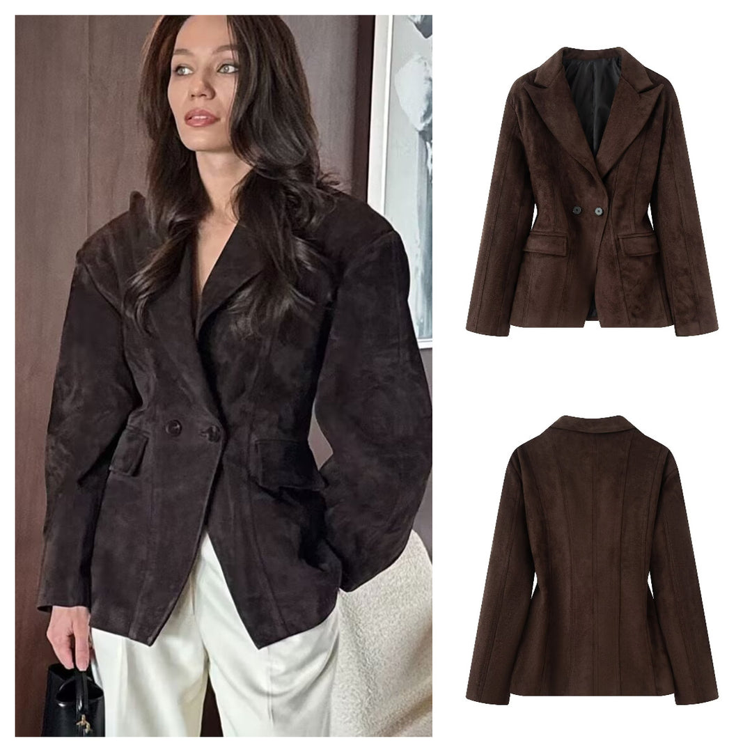 Damerne fashionable dobbeltradet blazerjakke i elegant suede look Stilla