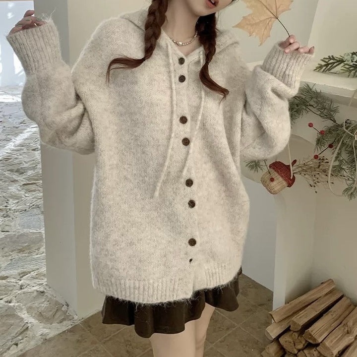 Dame Oversized Strik-Hoodie-Cardigan med Knapdetalje Stilla