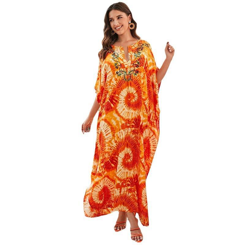 Dame kaftan med håndlavet tie-dye mønster og elegant broderi Stilla
