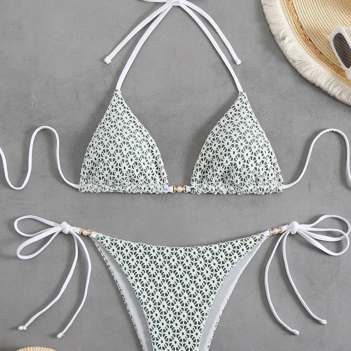 Dame triangle-bikini-sæt med raffineret hæklemønster og justerbare bindebånd Stilla