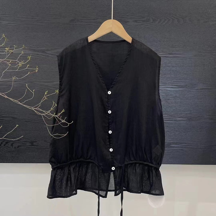 Dame Let Flydende Knapliste Bluse med Peplum Kant Stilla