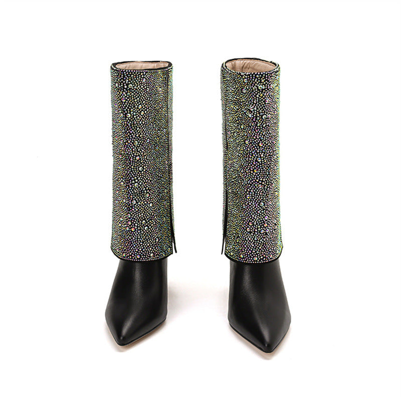 Femme Spids-Tå Stiletto Støvler med Rhinestone-dekoreret Bund Stilla