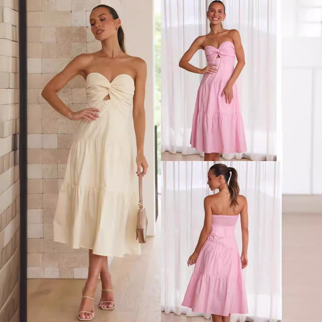 Dame strapless midikjole med knyttet buste detaljer og lagdelt skørt Stilla