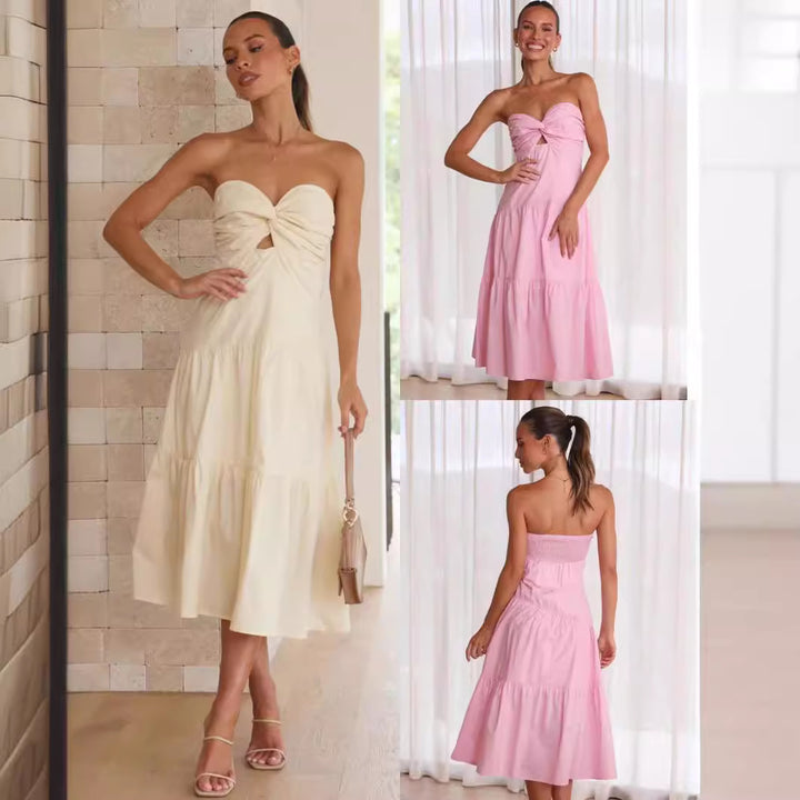 Dame strapless midikjole med knyttet buste detaljer og lagdelt skørt Stilla