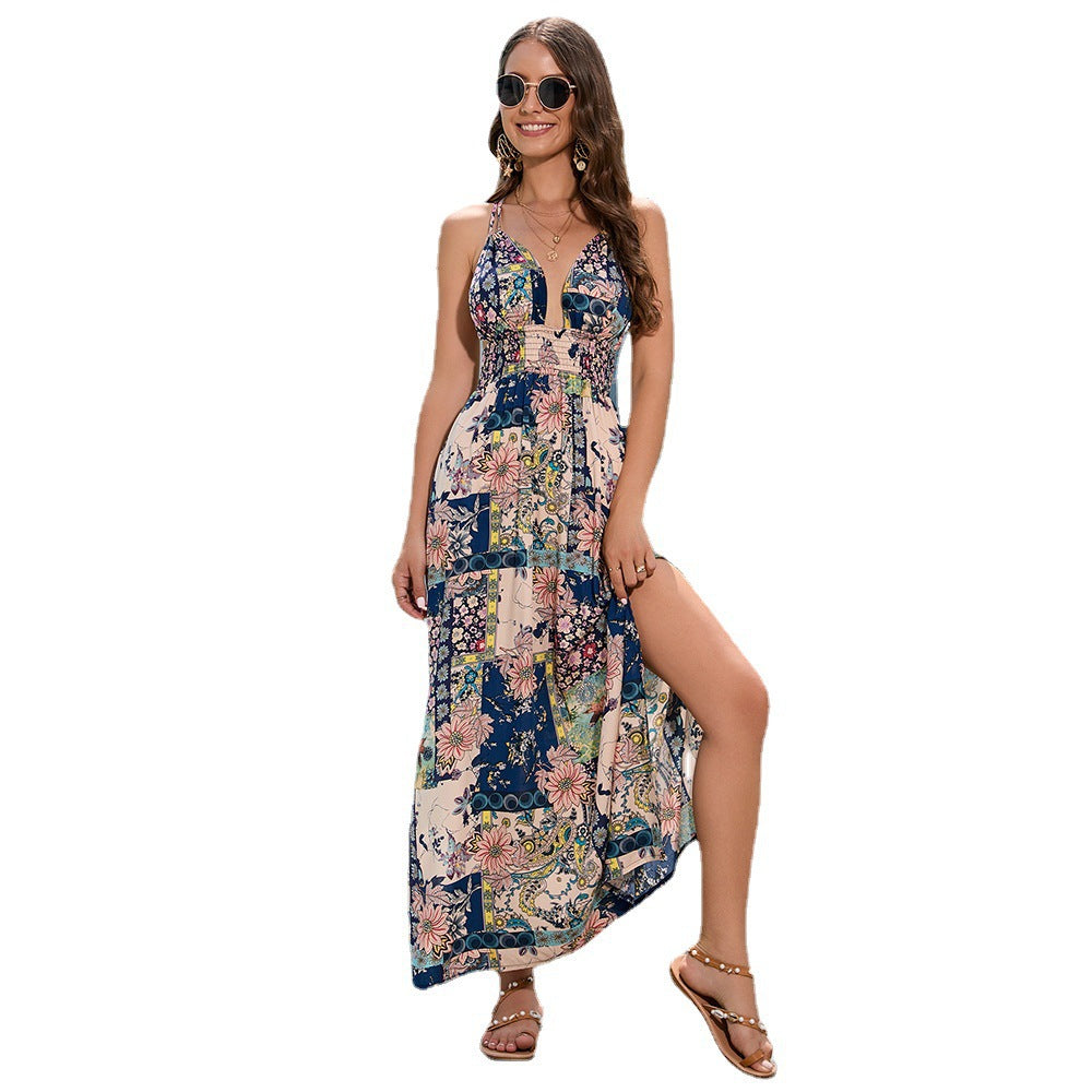 Femme Bohemian Floral Maxi Kjole med Sideslitz Stilla