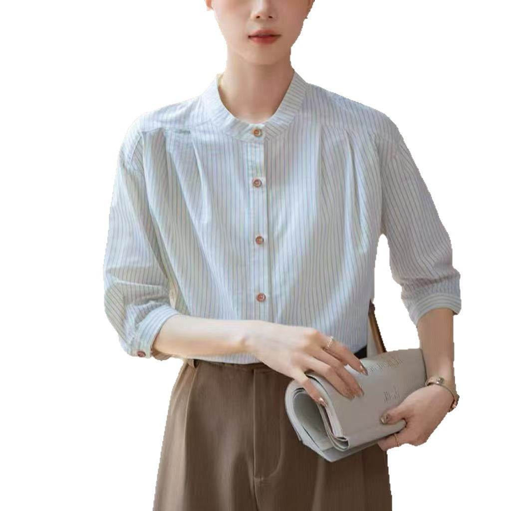 Damer Elegant Stribet Bluse med Traditionel Ståkrave Stilla