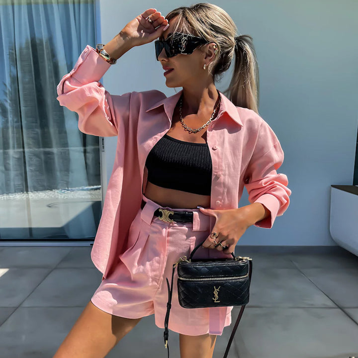 Dame Casual todelt kjole sæt med oversized skjorte og shorts Stilla
