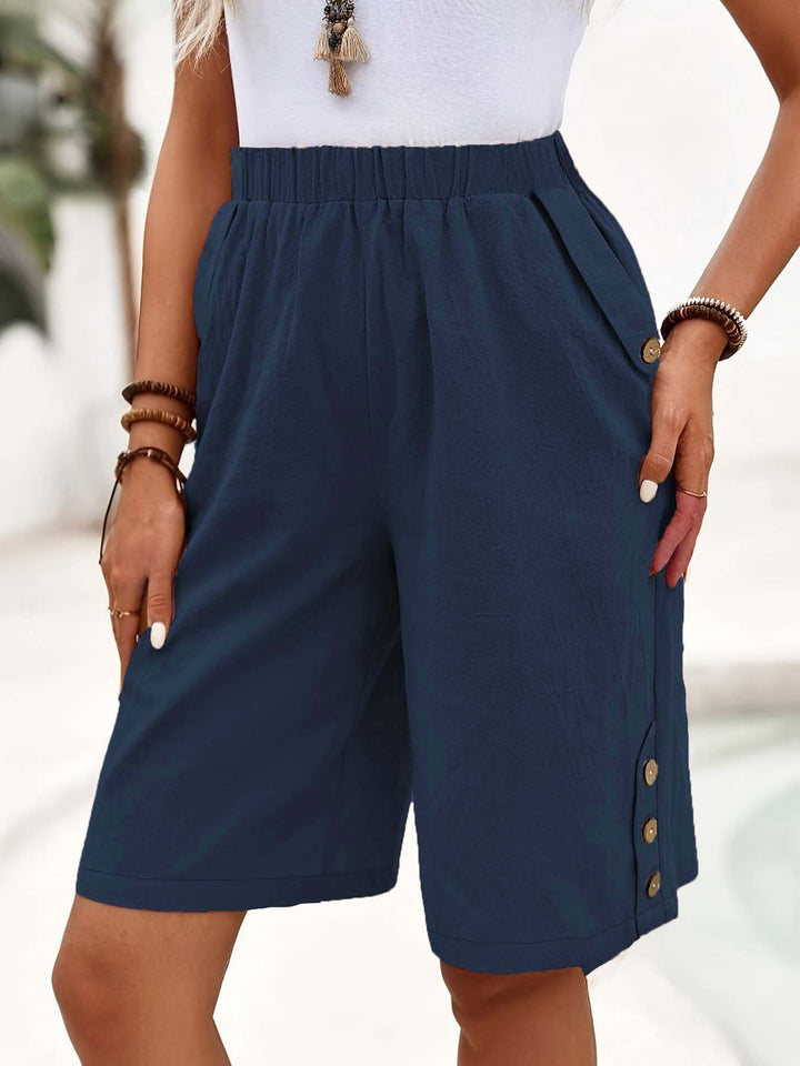 Dame Elegant og afslappet Sløjfe Shorts med sidelommer og dekorative knapper Stilla