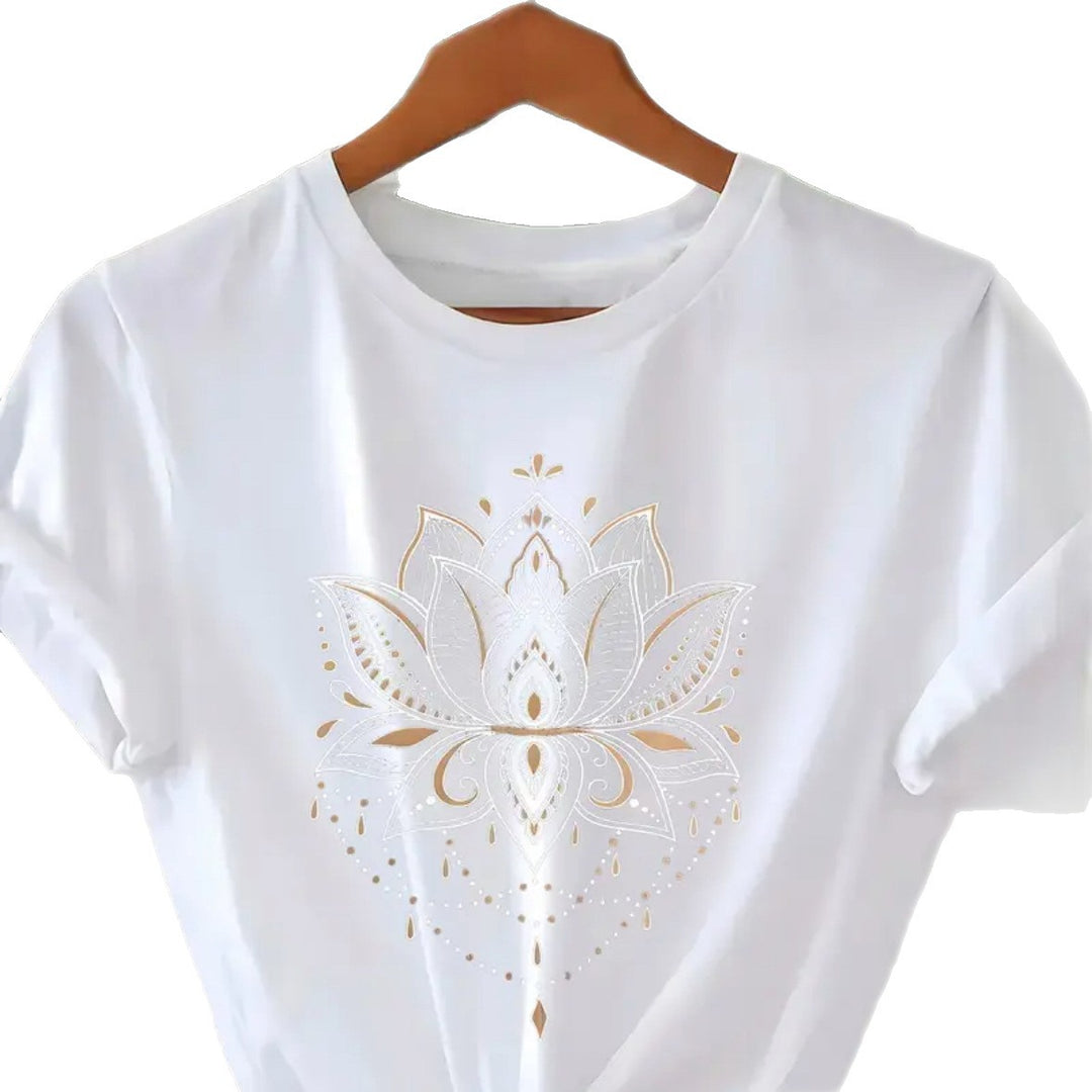 Dame T-shirt med kunstnerisk lotusmotiv og elegant applikation Stilla