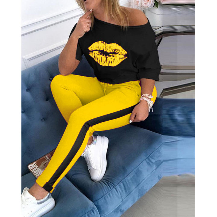 Dame Casual Grafik Læbe-tryk Top og Track Pant Sæt Stilla