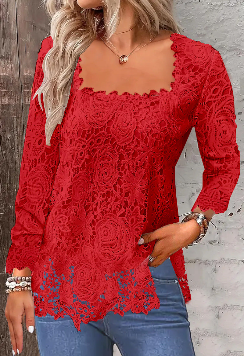Dame spidsbluse med elegant firkantet udskæring og florale motiver Stilla