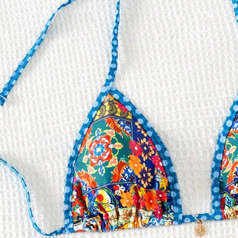 Damer trekant-bikini med blomsterdesign og justerbare bånd Skovae