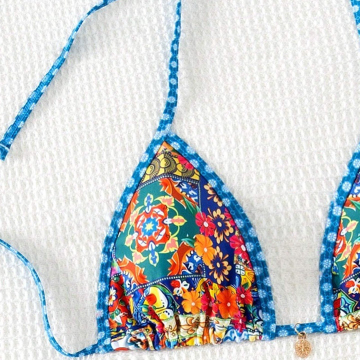 Damer trekant-bikini med blomsterdesign og justerbare bånd Skovae