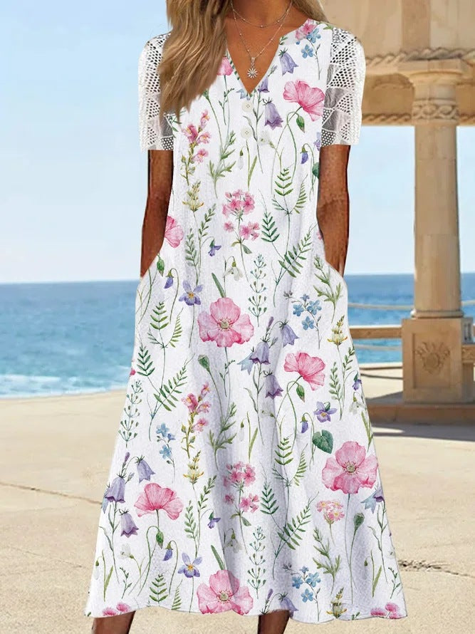 Dame Midi-kjole med blomsterprint og praktiske lommer Stilla