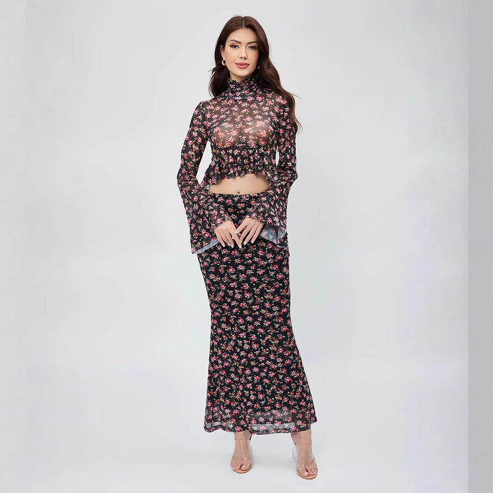 Dame gennemsigtig Crop-Top med flæser og voluminøse ærmer Stilla