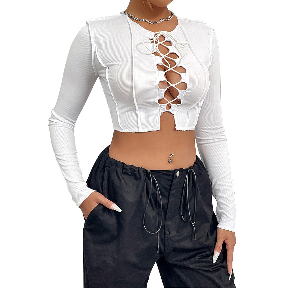 Kvinders cropped langærmet skjorte med dekorativ blonde detalje Stilla