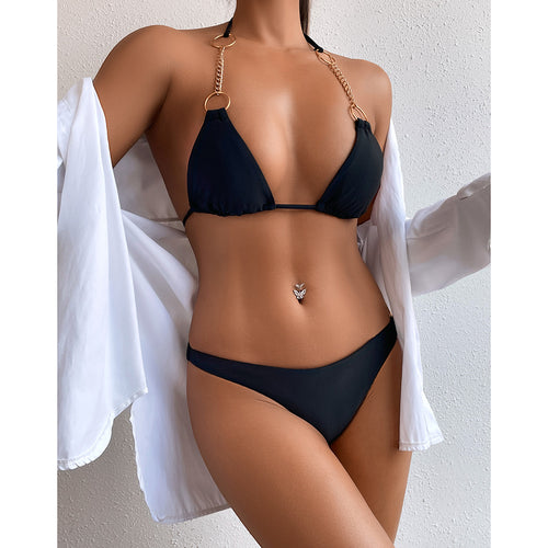 Dame trekant-bikini med elegant kæde-design og blomstermønster Stilla