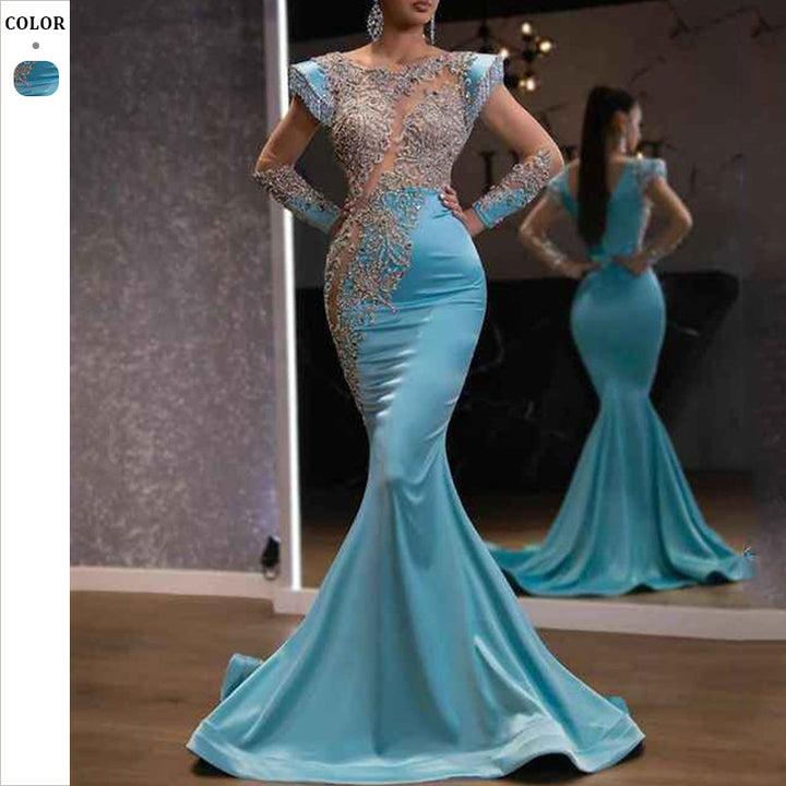 Dame Elegante aftenkjole i havfrue-stil med glitrende spids accenter og dyb slids Stilla