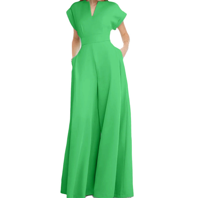 Damer Elegant Bred Jumpsuit med Korte Ærmer og Dyb Udringning Stilla