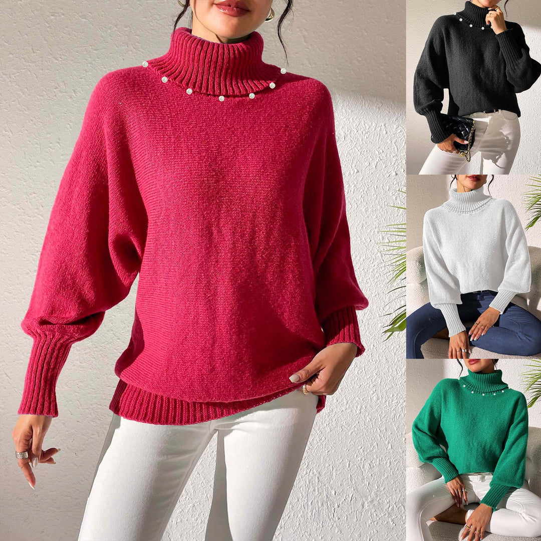 Dame afslappet rullekravepullover med dekorative perledetaljer og bred pasform Stilla