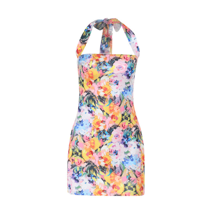 Dame blomstermønster halterneck mini kjole Stilla