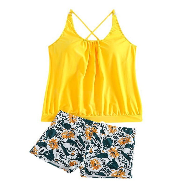 Dame Tankini-sæt med blomster rynketop og sporty bukser Skovae