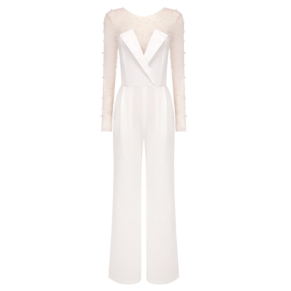Damer elegant jumpsuit med gennemsigtige ærmer og perledekor Skovae