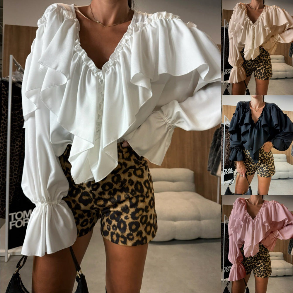 Dame elegant bluse med voluminøse ruffle detaljer Stilla