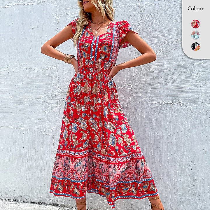 Dame Floral Maxi Kjole med rynket rem Stilla