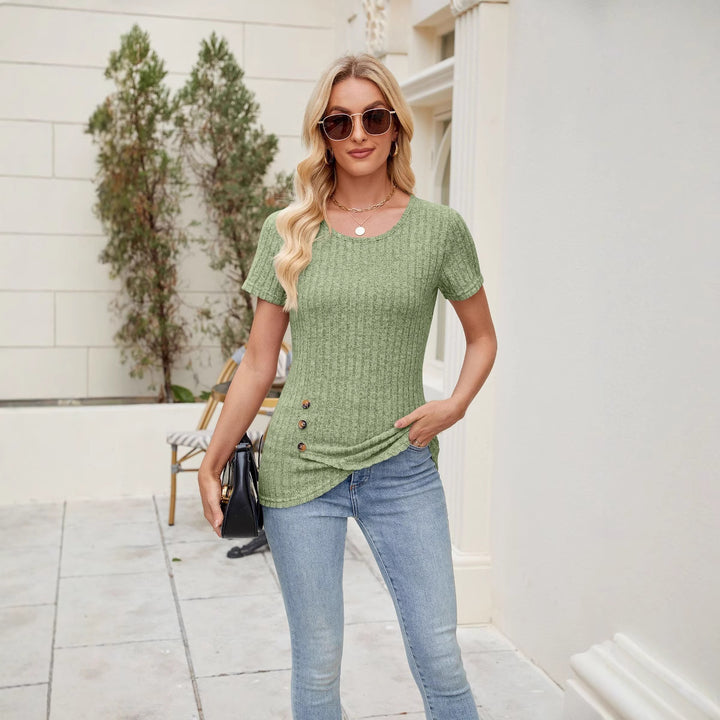 Dame struktureret T-shirt med dekorative knapdetaljer Stilla