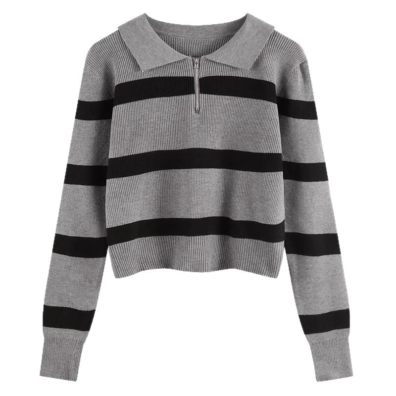 Kvinders strikket sweater med lynlås og stribemønster Stilla