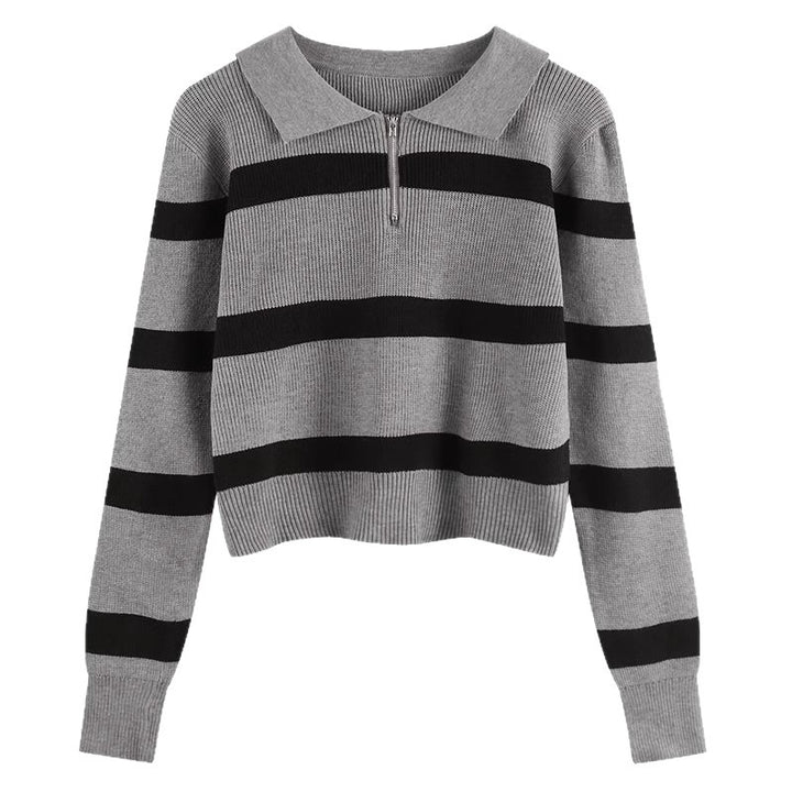 Kvinders strikket sweater med lynlås og stribemønster Stilla