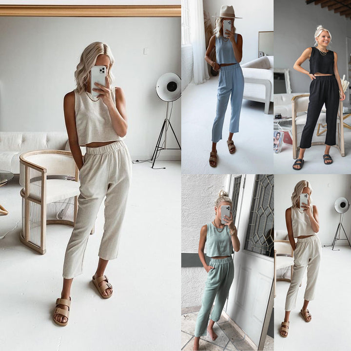 Dame To-delt Sæt bestående af Crop-Top og løse Bukser med elastisk Linning Stiila