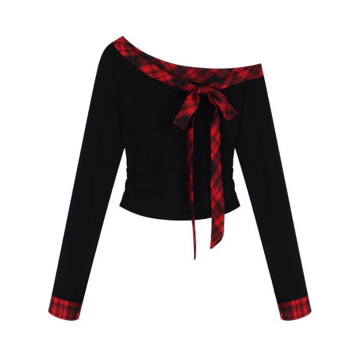 Kvinders Crop Top med fashionable Off-Shoulder design og tjekket sløjfedetalje