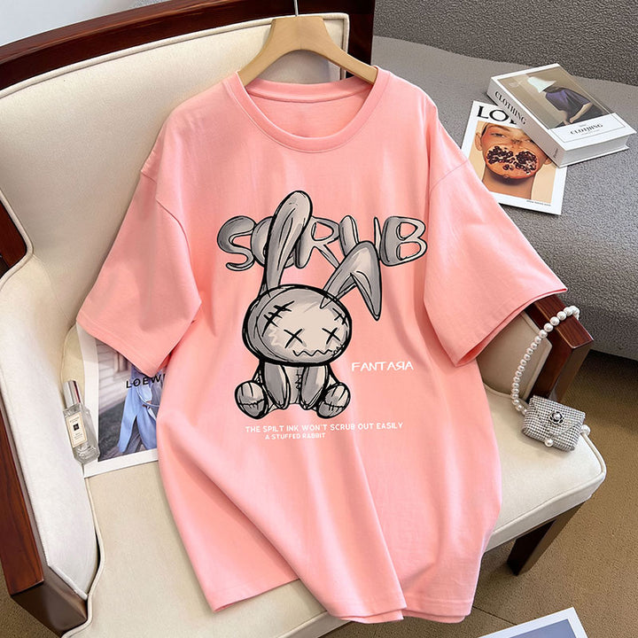 Dame T-shirt med kreativt kaninmotiv og afslappet skrift Stilla