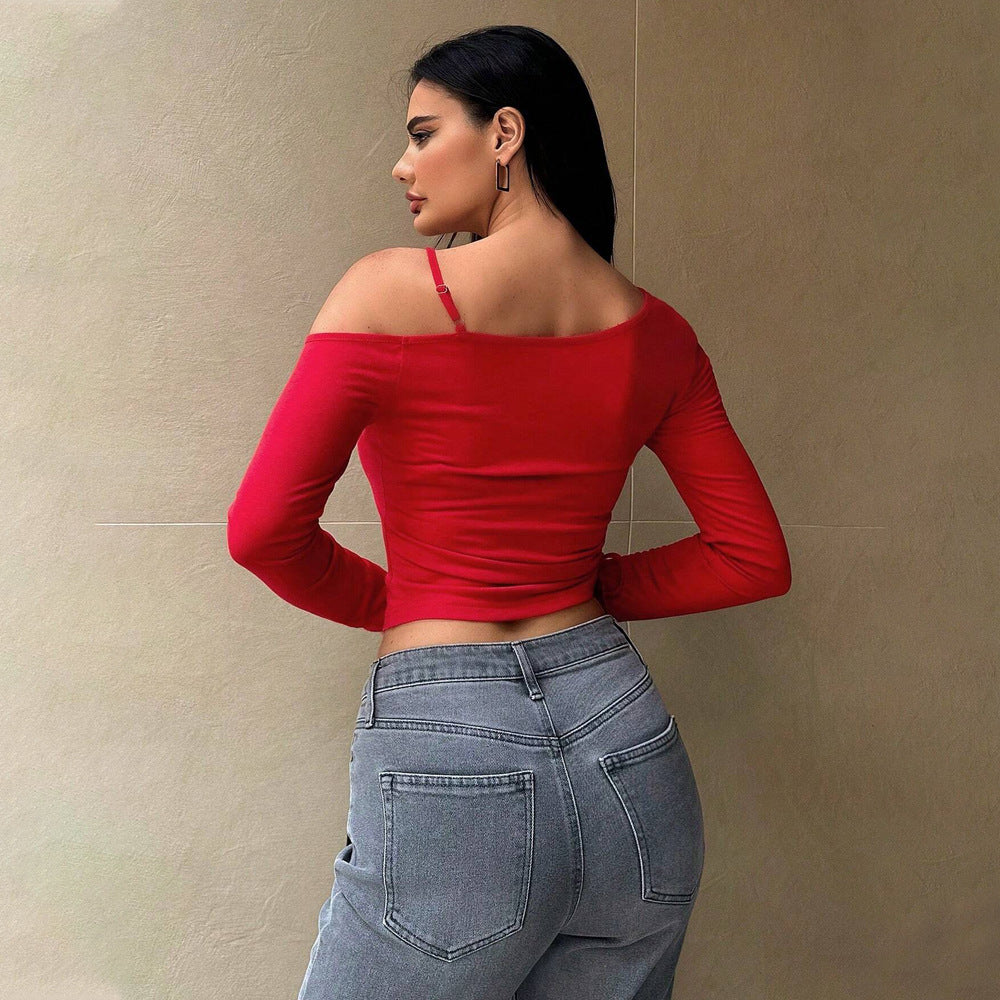 Kvinders langærmet crop top med asymmetrisk snit og sammentrækning Stilla