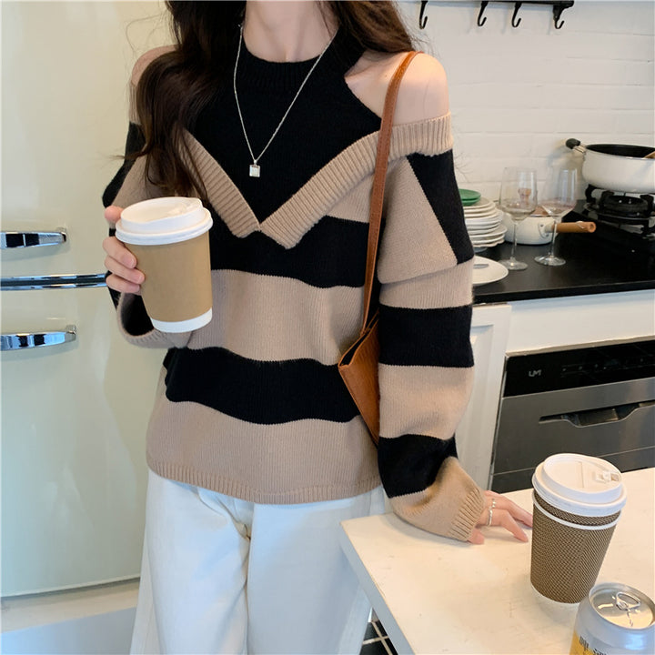Femme Off-Shoulder Stribet Strikpullover Stilla