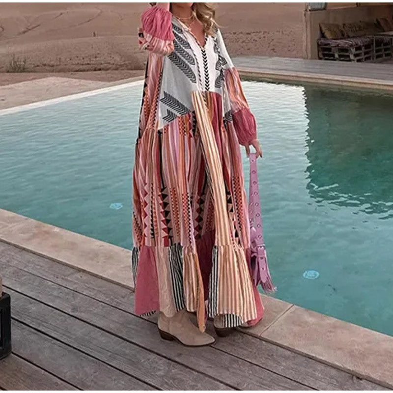 Dame Boho-inspireret maxikjole med voluminøse ærmer og farverigt patchworkdesign Stilla