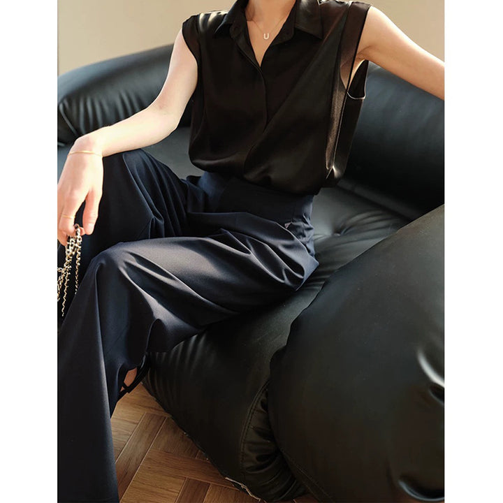 Dame elegant bluse med transparente ærmer og fin satinlook Stilla