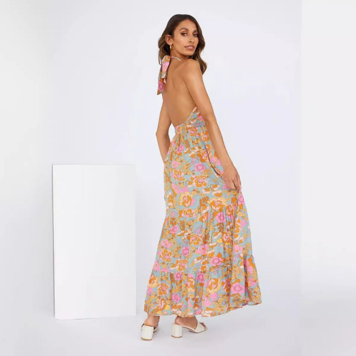 Dame Floral Halter Maxi Kjole med Høj Slids Stilla