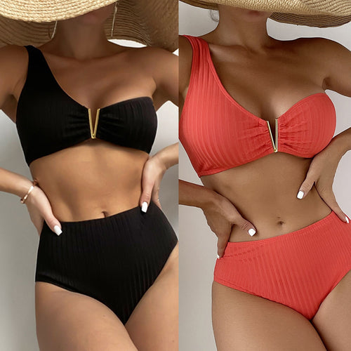Dame Ribben-En-Skulder Høj Taljeret Bikini Sæt Stilla
