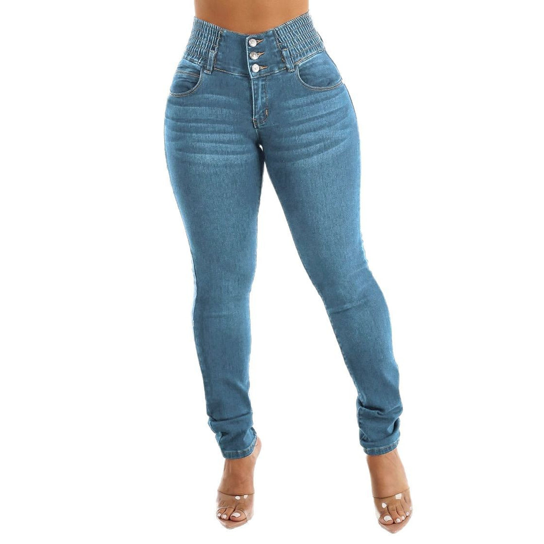 Kvinder Højere Talje Skinny Jeans med Elastisk Talje og Dekorative Knapper Stilla