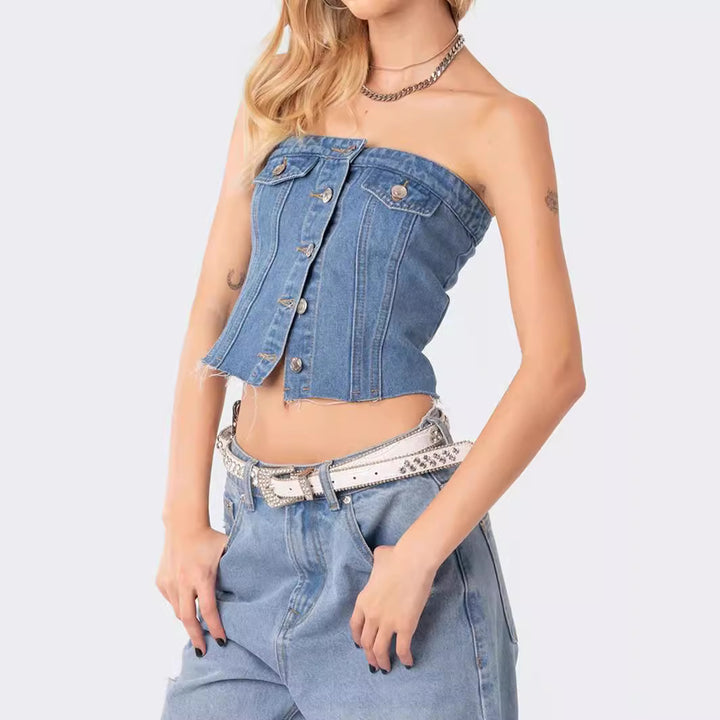 Dame Denim-Crop-Top med strikket overtræk Skovae