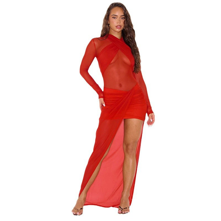 Dame forførende aftenkjole med gennemsigtige indsatser og højt slids Stilla