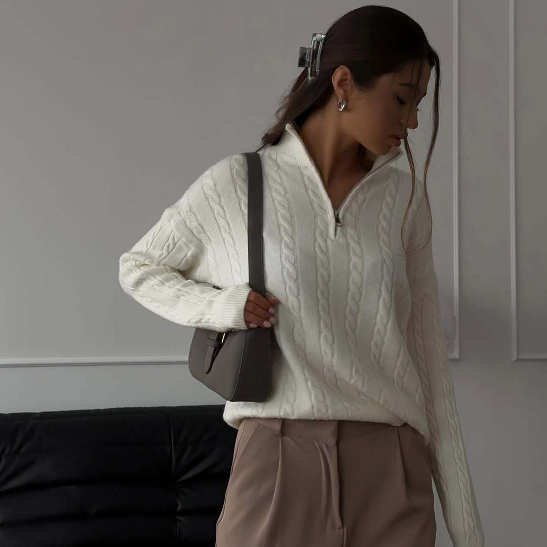 Dame moderigtig strikpullover med lynlås Stilla