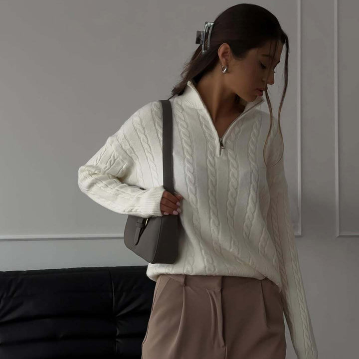 Dame moderigtig strikpullover med lynlås Stilla