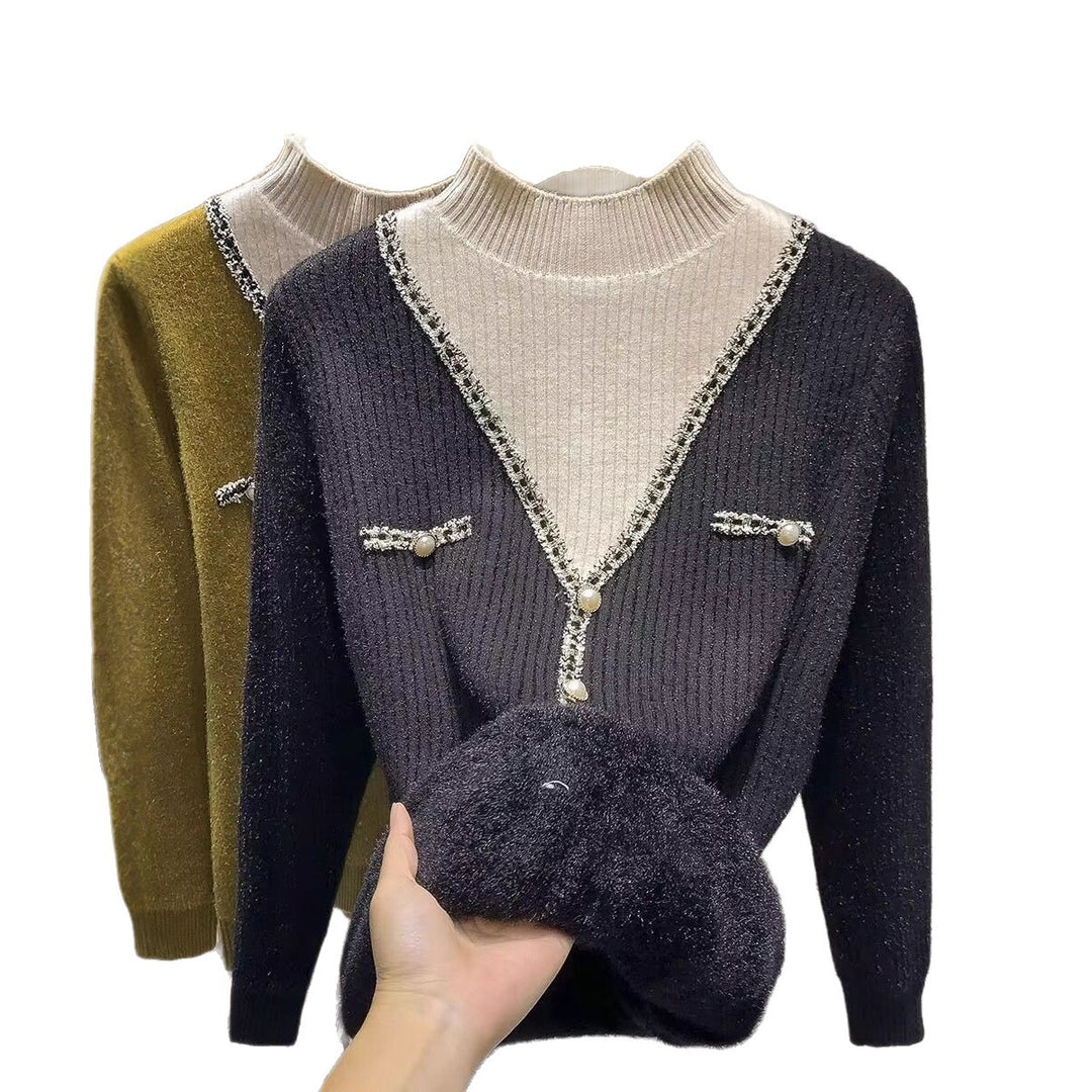 Dame mode V-hals pullover med glimmerdetaljer og knapper Stilla