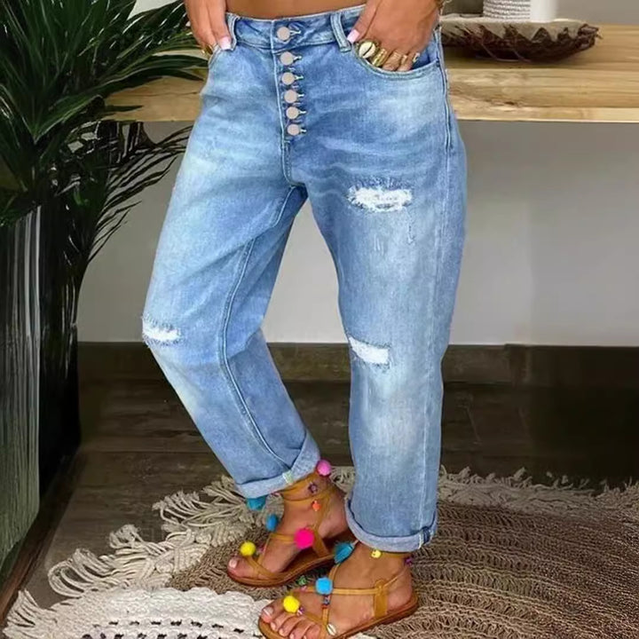 Kvinders afslappede jeans med høje knapper og slidte detaljer Stilla