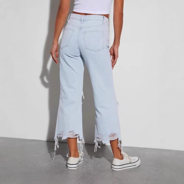 Dame løse boyfriend jeans med imponerende slidte detaljer og brede ben Skovae